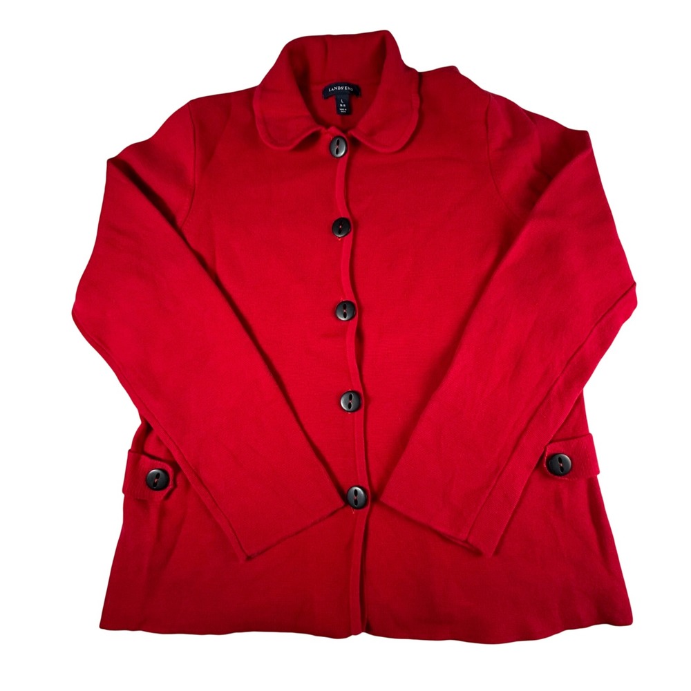 Lands End Red Supima Cotton Button Front Cardigan Peter Pan Collar Large 14-16